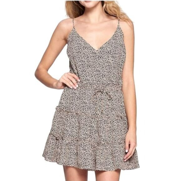 Crescent Animal Print Tiered Mini Dress Beige Black Size Medium NWT - Picture 1 of 2